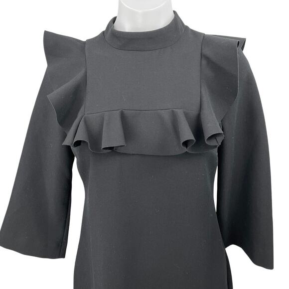 Banana Republic Black Ruffle Frill Mock Neck 3/4 Sleeve Mini Shift Dress Size 2 - Picture 6 of 8
